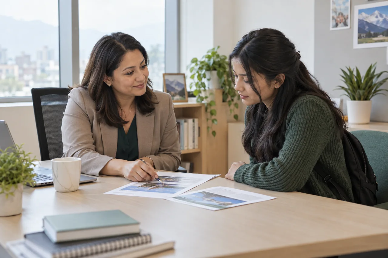 Concept photo of a student and an education counselor reviewing documents